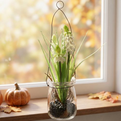 Grape hyacinth white in a glass for hanging H22cm | Floristik24.co.uk