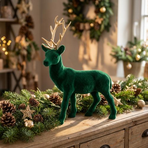 Deer standing deco figure green gold table decoration advent 27cm | Floristik24.co.uk