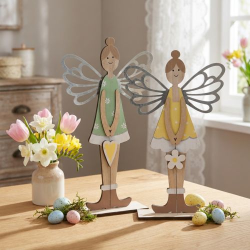 Decorative elf, spring decoration, fairy to stand, wooden decoration green, yellow H34cm set of 2 | Floristik24.co.uk