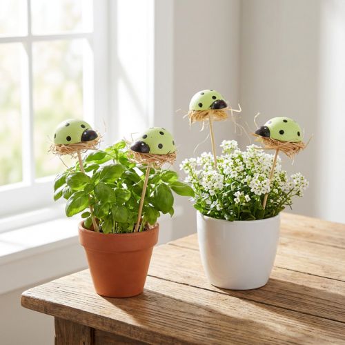 Product Ladybird Decorative coloured flower stakes Wood and raffia 2.5x3.5x2cm 32pcs