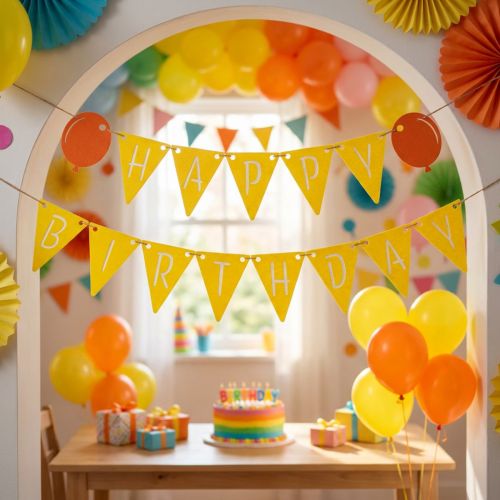 Birthday decoration pennant garland made of felt, yellow and orange, 300cm | Floristik24.co.uk
