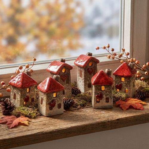 Ceramic house with red roof, window and heart – 6 cm – Idyllic decoration for home and garden – 6 pieces | Floristik24.co.uk