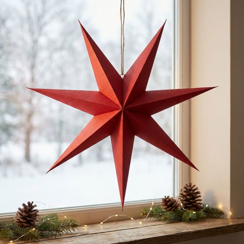 Red Paper Hanging Star Decoration with Jute Cord, 75cm Diameter | Floristik24.co.uk