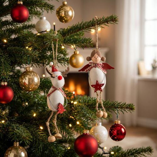 Christmas Figures Reindeer and Angel Hanging Ornaments, White and Red, Ø4.7cm, H20/18cm, Set of 2 | Floristik24.co.uk