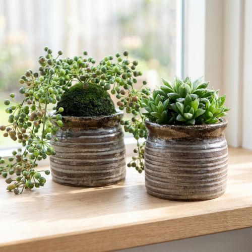 Decorative ceramic planter, metallic brown/grey, 10.5 x 10 cm, 2 pieces | Floristik24.co.uk