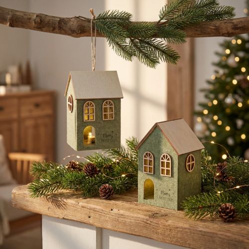 Felt House Christmas Tree Ornament Green LED Decoration 2-Piece Set | Floristik24.co.uk