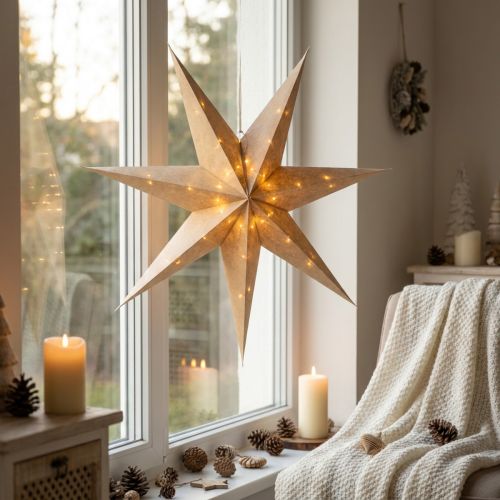 Decorative star, paper, jute, natural, lights, Ø75cm, Christmas | Floristik24.co.uk