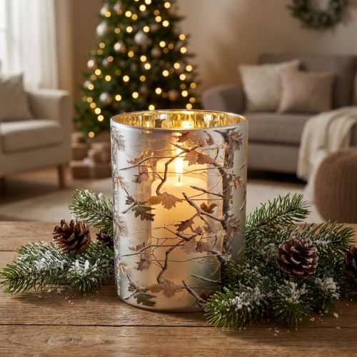 Product Glass Lantern with Winter Forest Branch Design, Gold Interior, 12cm