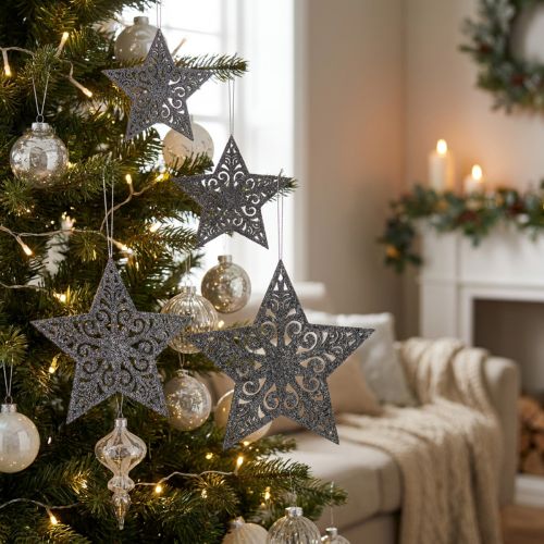 Christmas star with ornaments silver grey assorted 8cm - 12cm 9 pcs | Floristik24.co.uk