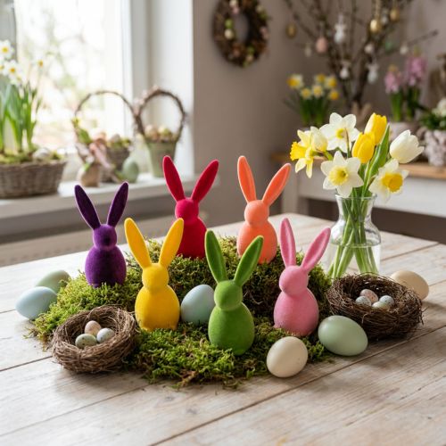 Flocked rabbit, colorful, 13cm high, assorted, 6 pieces | Floristik24.co.uk