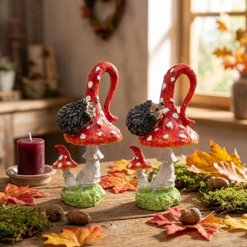 Fly agaric with hedgehog decoration mushroom autumn decoration H14cm 2pcs | Floristik24.co.uk