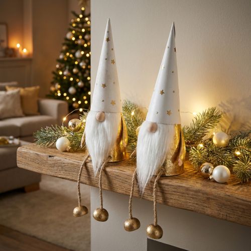 Gnome Christmas Decoration Figure White, Gold Ø6.5cm H22cm 2 pcs | Floristik24.co.uk