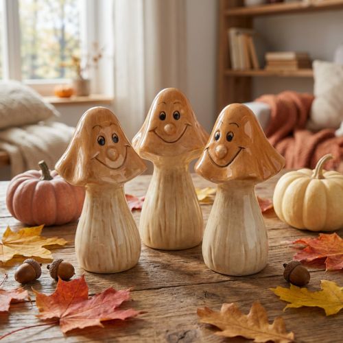 Decorative Mushrooms Ceramic Brown Autumn Decoration Figures Ø6cm H10.5cm 3 pcs | Floristik24.co.uk