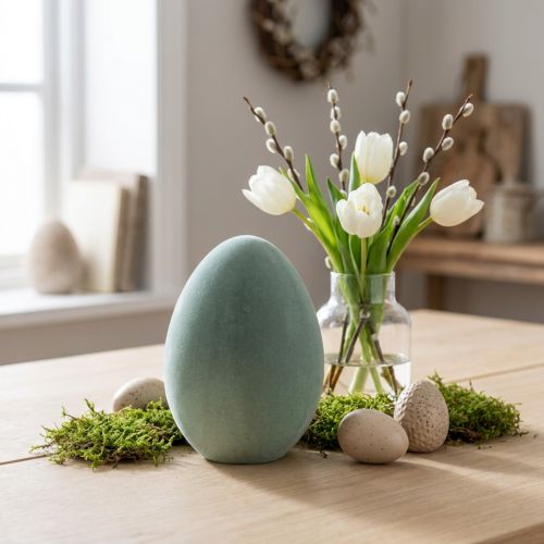 Easter egg decorative egg grey-green plastic flocked 20cm | Floristik24.co.uk