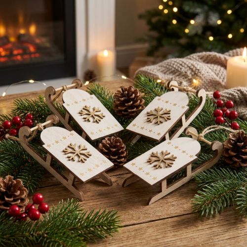 Christmas sleigh wood white/gold 15.5x6.5x4cm 4pcs | Floristik24.co.uk