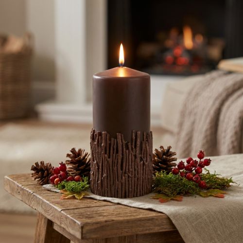 Product Pillar candle with branches, decorative, dark brown, 150/70mm, forest look