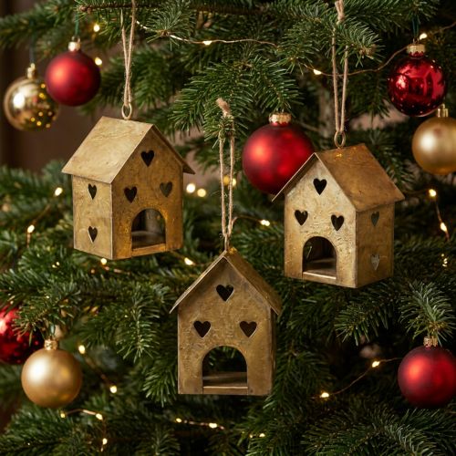 Metal Christmas Ornaments Vintage Gold House Design H9.5cm Set of 3 | Floristik24.co.uk