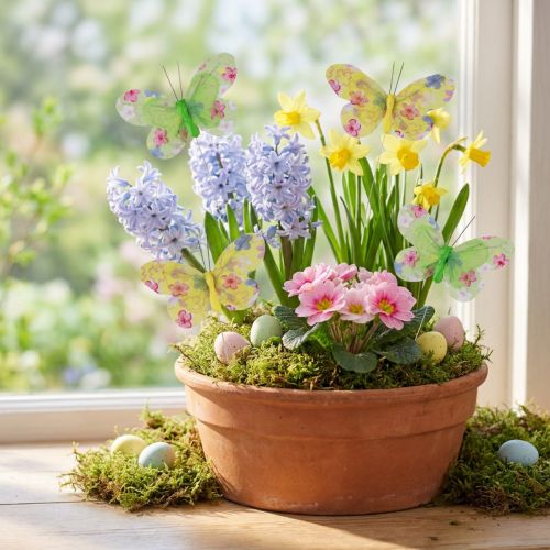 Decorative butterflies on wire yellow green flowers 6×9cm 12pcs | Floristik24.co.uk