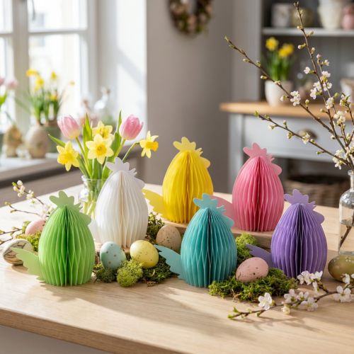 Decorative chickens made of honeycomb paper Easter 11×6.5×12cm 6pcs | Floristik24.co.uk