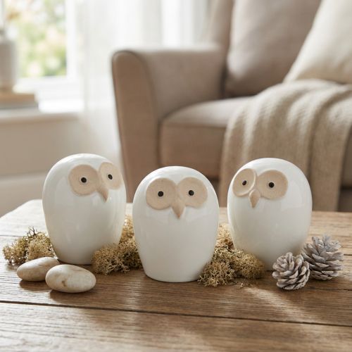 Owl decoration figures ceramic forest animal decoration white 11.5cm 3pcs | Floristik24.co.uk