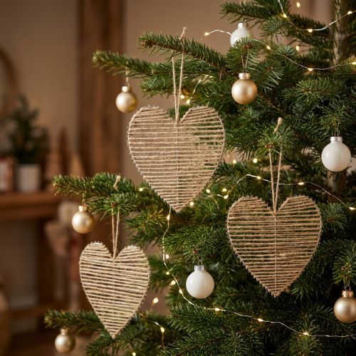 Decorative Heart Jute Natural for Christmas Decoration to Hang 20cm 4 Pcs | Floristik24.co.uk