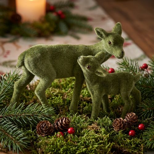 Deer Decoration Figures Christmas Green Flocked Deer with Fawn in Set H9/5.5cm 4 Pcs | Floristik24.co.uk