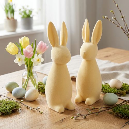 Decorative Easter Bunny – 2nd Choice – Flocked Light Yellow H29.5cm 2 pcs | Floristik24.co.uk