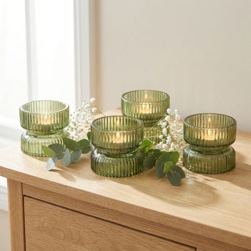 Glass tealight holders, decorative, ribbed, green, Ø9cm, H7cm, 4 pieces | Floristik24.co.uk