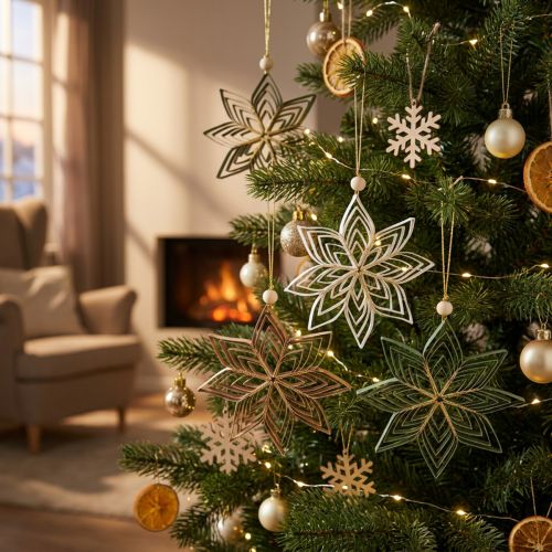 Paper star Christmas tree ornaments 10cm White Brown Green 6 pcs | Floristik24.co.uk
