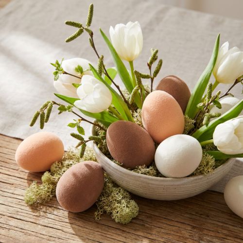 Easter Eggs Small Flocked Peach Brown White H4cm 15 Pcs | Floristik24.co.uk