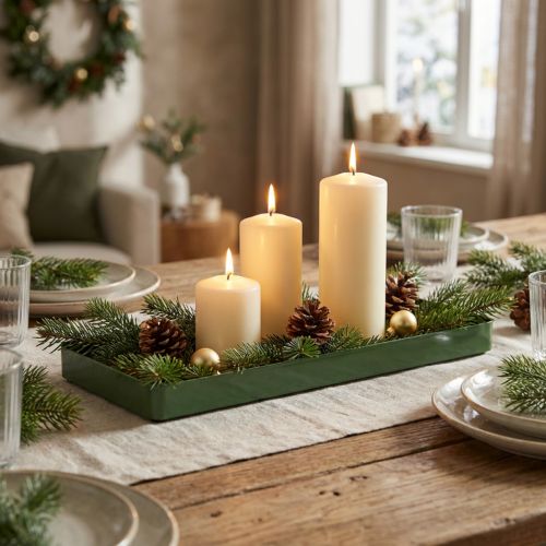 Rectangular Green Metal Decorative Tray with Wooden Base 41×14cm | Floristik24.co.uk