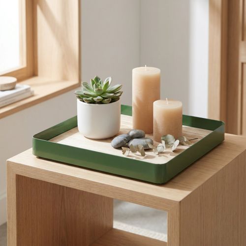 Decorative tray metal square green wooden base 25.5×25.5cm | Floristik24.co.uk