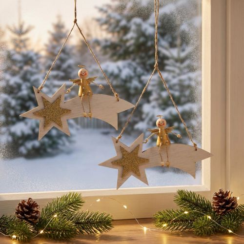 Angel on shooting star, Christmas decoration to hang, Advent White, Golden H13cm W21.5cm 2pcs | Floristik24.co.uk