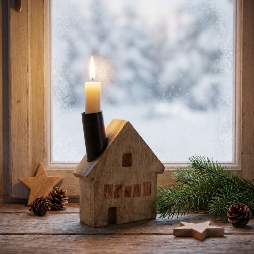 Decorative wooden house candle holder, black, 10.5×3.5×13cm | Floristik24.co.uk