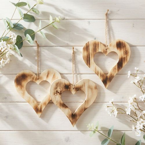 Decorative hearts wood for hanging heart in heart burned 20cm 3pcs | Floristik24.co.uk