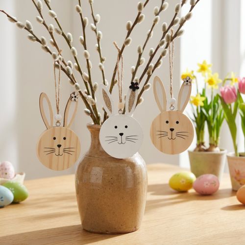 Decorative hanger wooden rabbit head natural white gold 10.5cm 8 pcs | Floristik24.co.uk