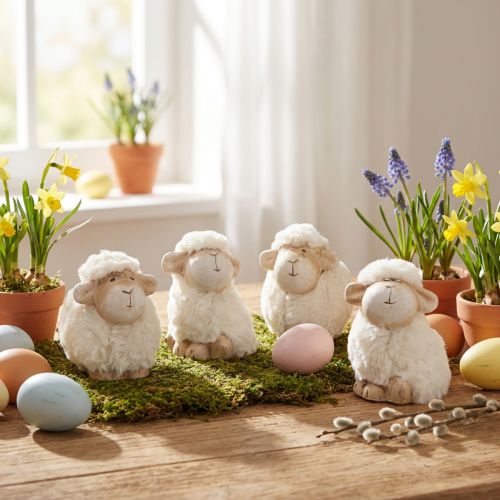 Easter Decoration Sheep Ceramic Decoration Easter Cream 9.5×6×9cm 4 pcs | Floristik24.co.uk