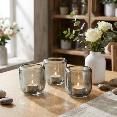 Glass Tealight Holders Grey Ribbed Design 8cm Set of 6 | Floristik24.co.uk