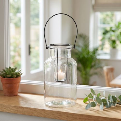 Product Bottle decoration lantern glass metal clear black Ø13cm