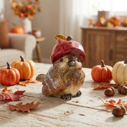 Product Ceramic Bird Figurine with Red Apple Hat for Autumn Decoration, 13cm