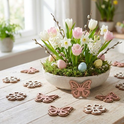 Scatter decoration wood flowers/butterflies white/pink Ø4cm 36p | Floristik24.co.uk