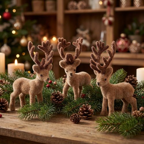 Decoration deer mini brown flocked 11cm 6 pcs | Floristik24.co.uk