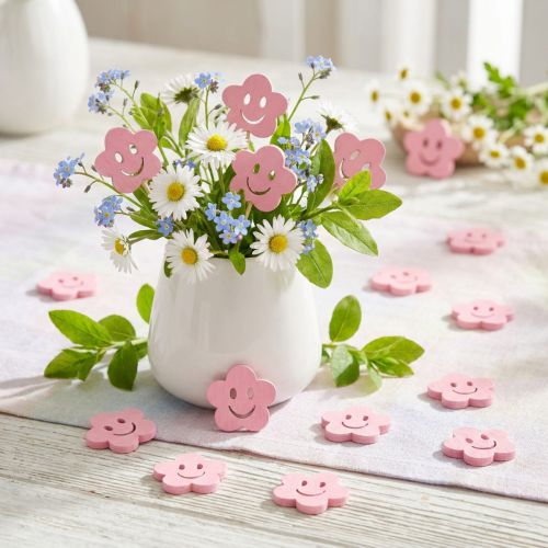 Wooden flower with face pink 2.5cm 48 pcs | Floristik24.co.uk