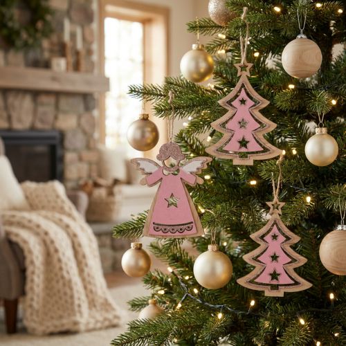 Christmas Tree Decoration Natural, pink 11cm 8p | Floristik24.co.uk