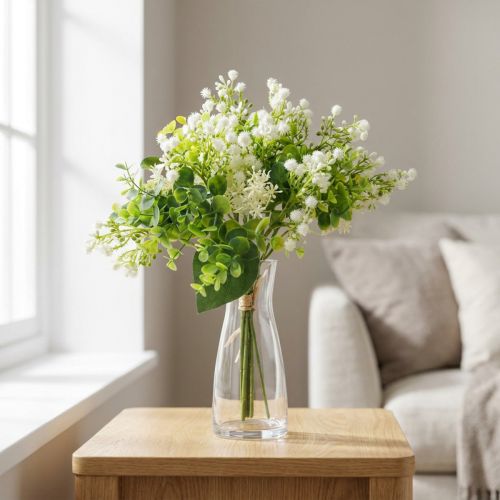 Decorative artificial flower bouquet, green and white, 36cm long, artificial flower decoration for table, vase & windowsill, eucalyptus & blossoms | Floristik24.co.uk