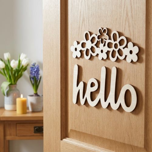 Wooden decoration flowers "Hello" nature deco sign with magnet 18/19.5cm 6pcs | Floristik24.co.uk