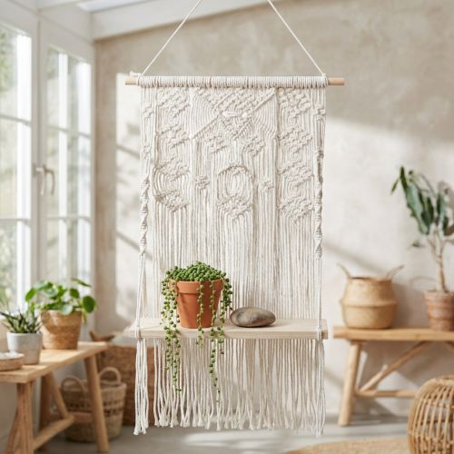 Boho Macrame Plant Hanger, Hanging Decoration, Window Decoration with Flower Swing Board, 40x15cm, in Natural White | Floristik24.co.uk