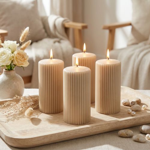 Pillar candles, beige, grooved, 70/130mm, 4 pieces | Floristik24.co.uk