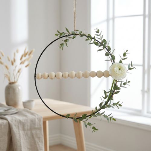 Decorative ring, metal, wooden beads, Ø30cm, black, white, natural, set of 4 | Floristik24.co.uk