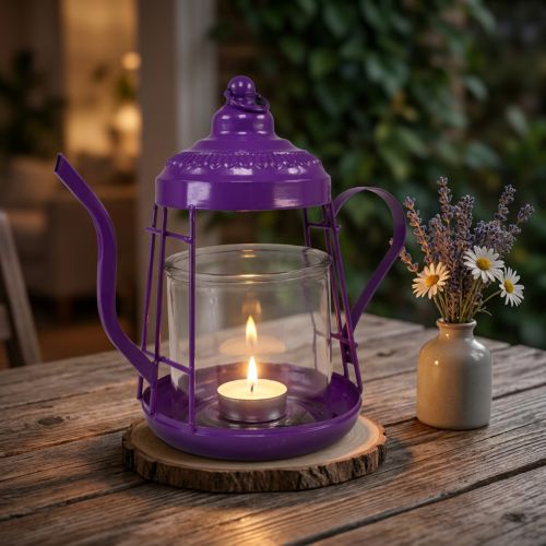 Tealight holder glass lantern teapot purple Ø15cm H26cm | Floristik24.co.uk